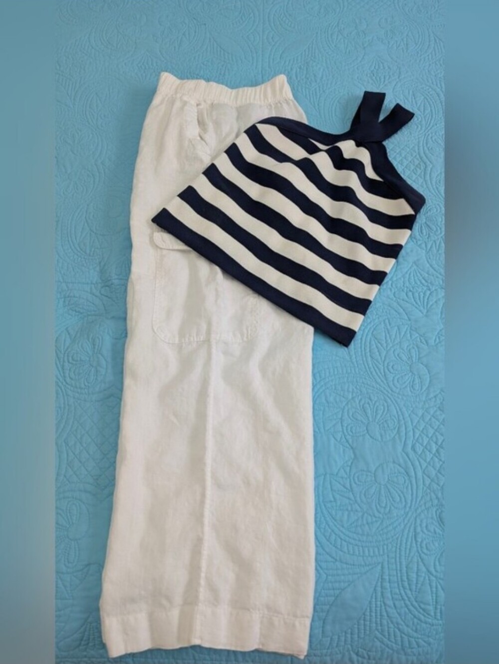 C&C California White Linen Baggy pull-on Wide Leg Cargo Pants 2 snap pockets - Picture 5 of 13